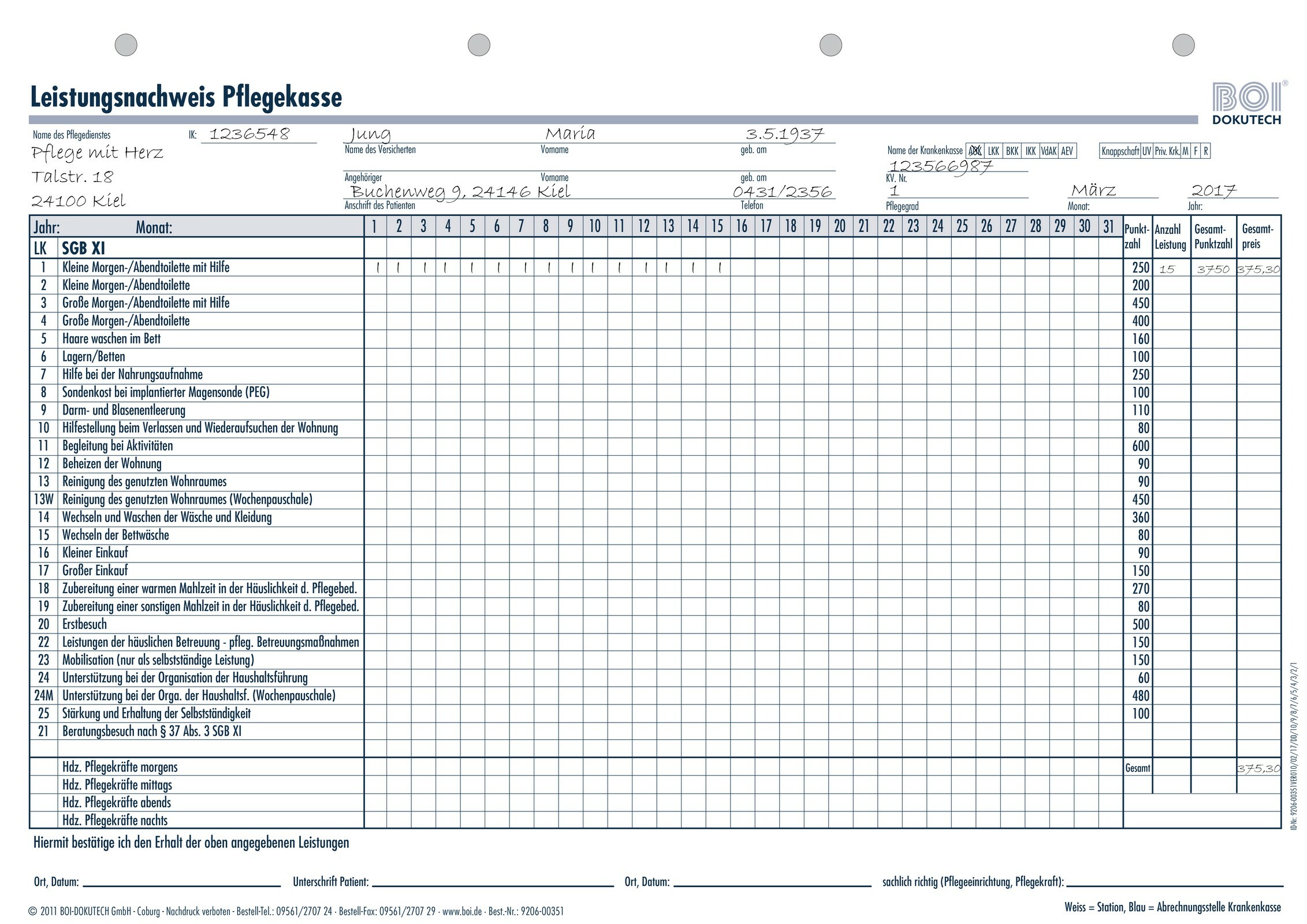 9206-00351 - Formular Leistungsnachweis Pflegekasse 9206-00351 - Formular Leistungsnachweis Pflegekasse