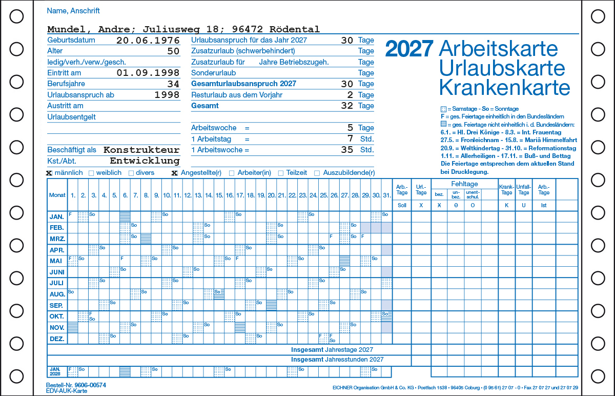 9606-00574 - Arbeits-Urlaubs-Krankenkarte auf Endlospapier 2027 9606-00574 - Arbeits-Urlaubs-Krankenkarte auf Endlospapier 2027
